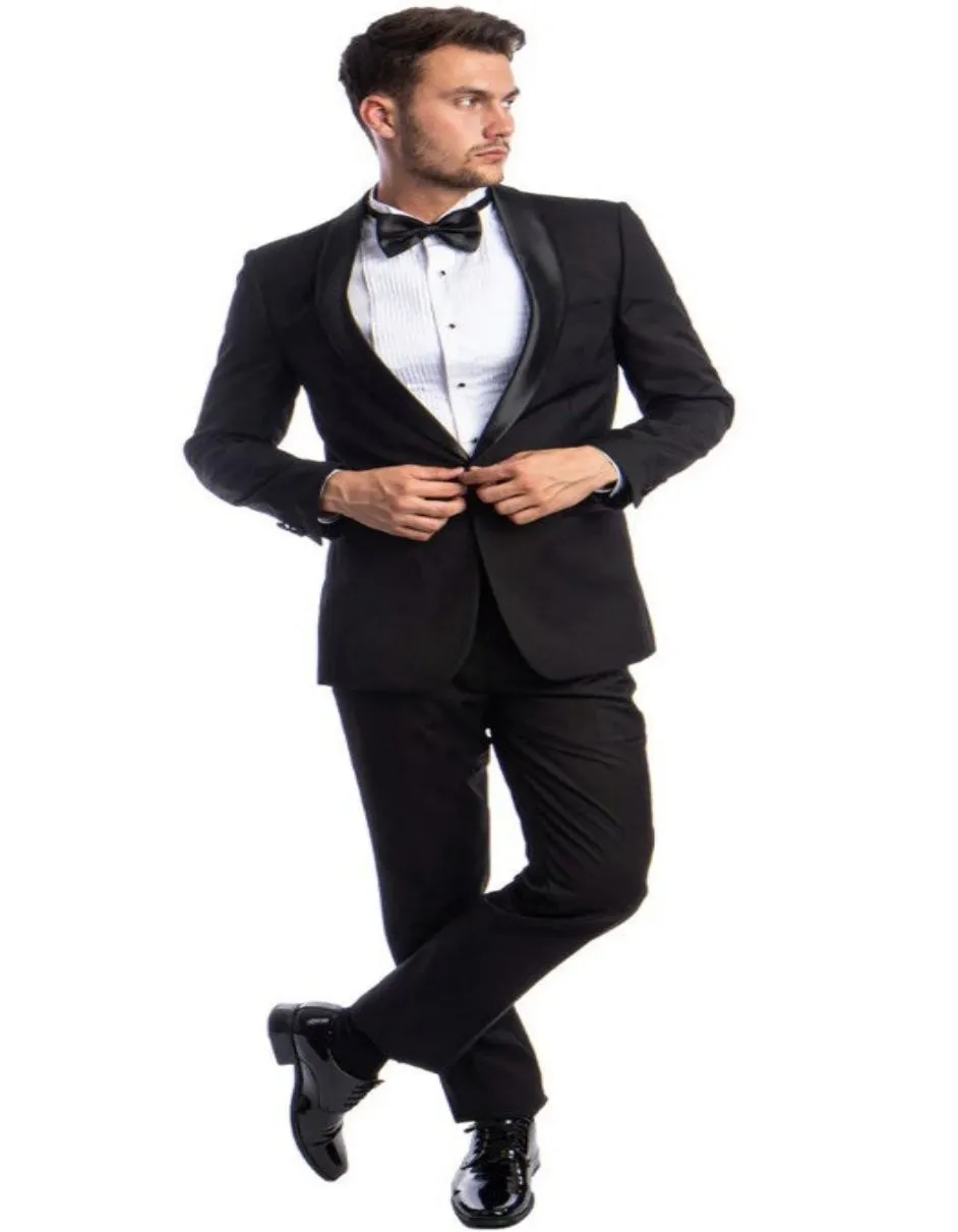 Black Tuxedo - Mens Wedding Suit Black Flat Front Pants Skinny Fit Tuxedo - Black Prom Suit