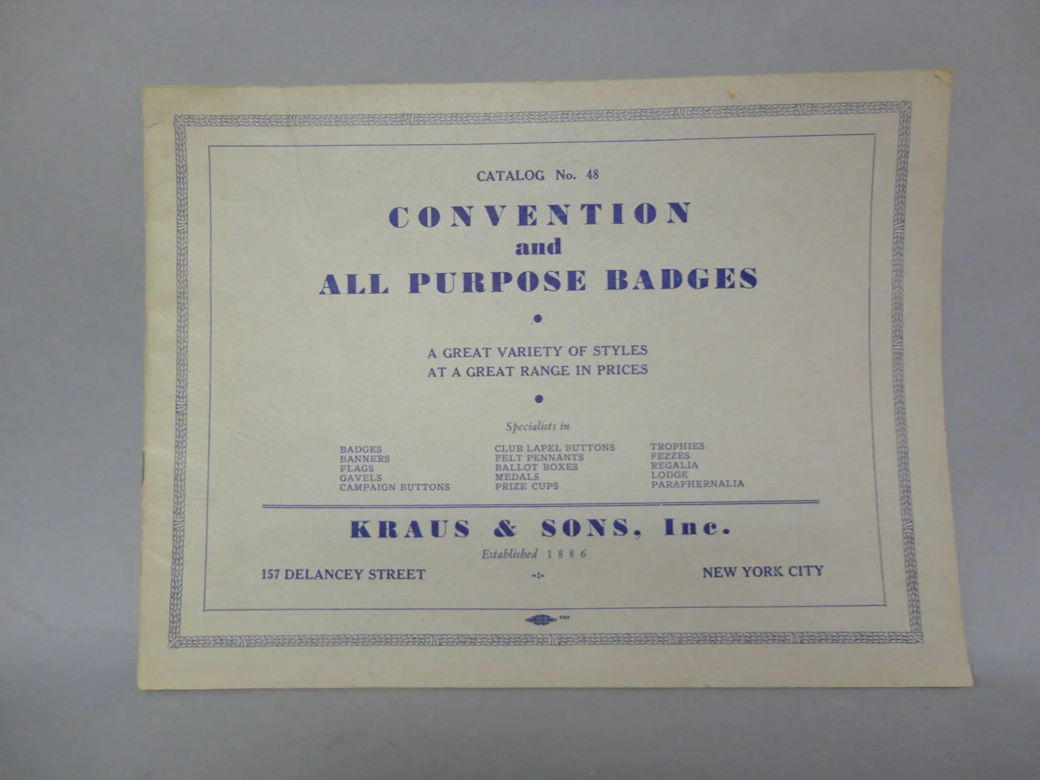 Convention and All Purpose BADGES Sports Firemen Religious Campaign Buttons Lapel Trophies Flags Paraphernalia KRAUS & Sons Catalog #48 1935