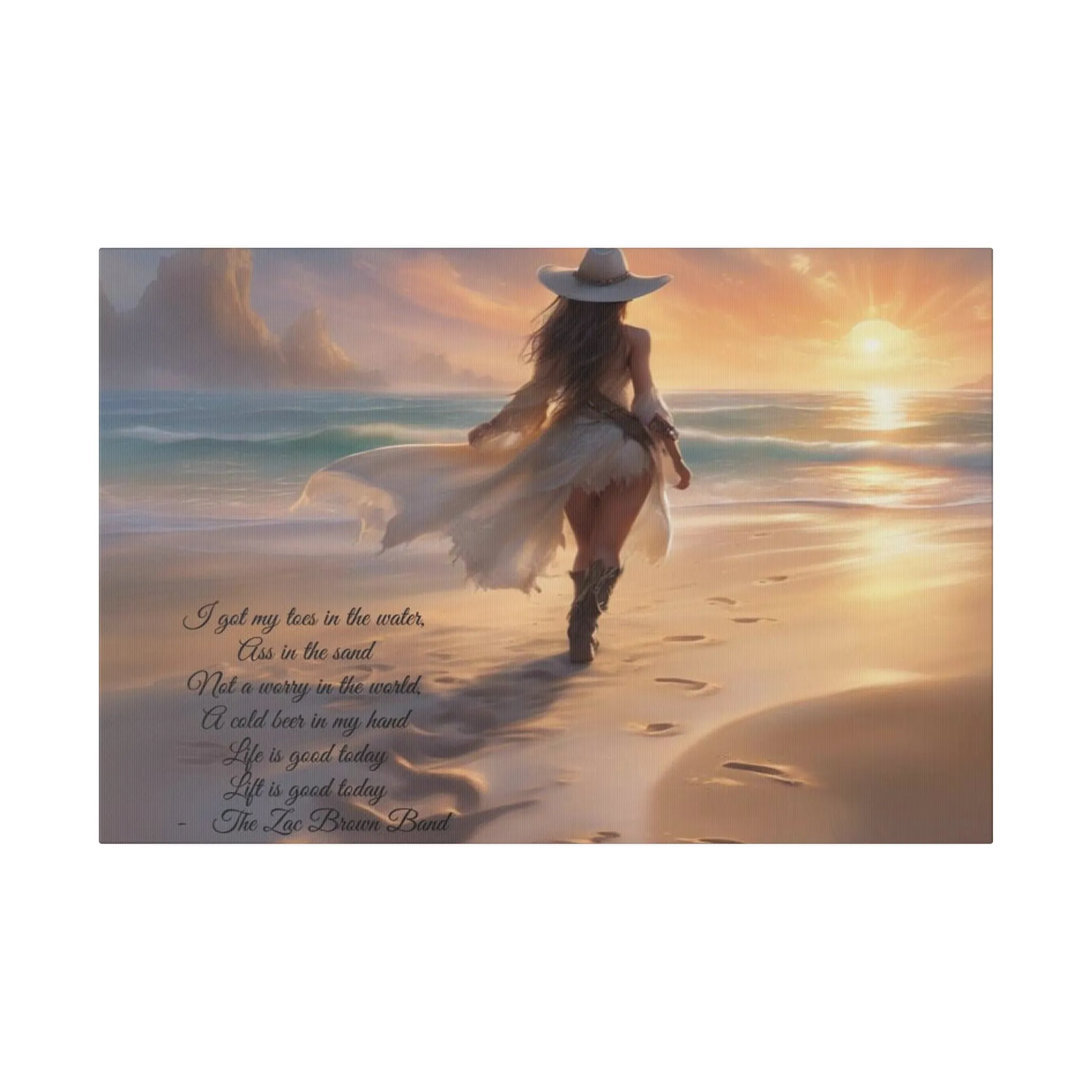 Country girl walking on along beach front at sunset. Zac Brown Band "Toes in the Water" lyrics