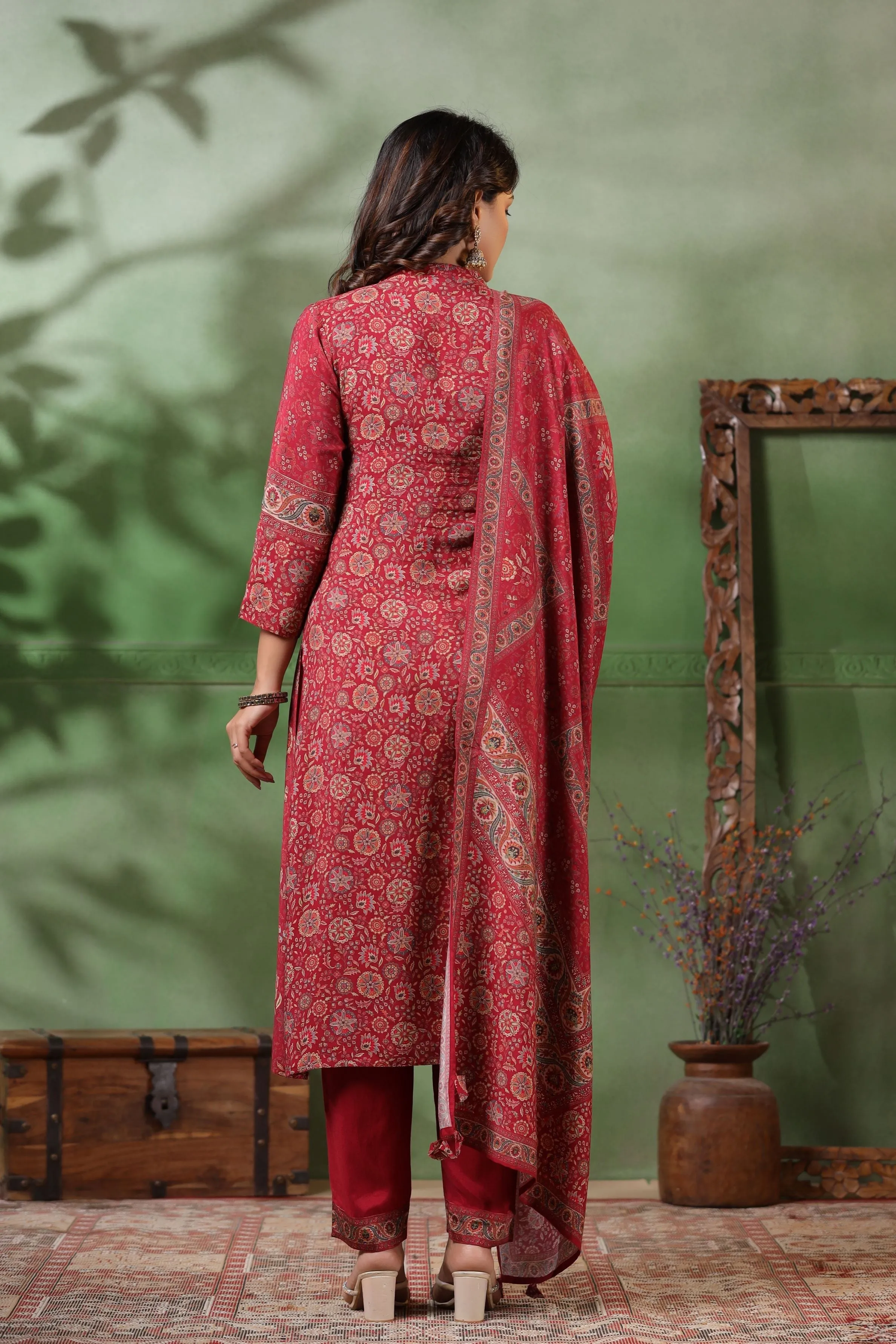 Dark Red Traditional Printed Dola Silk Pants Set