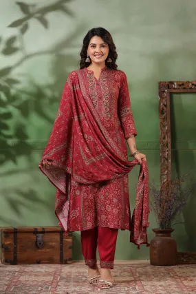 Dark Red Traditional Printed Dola Silk Pants Set