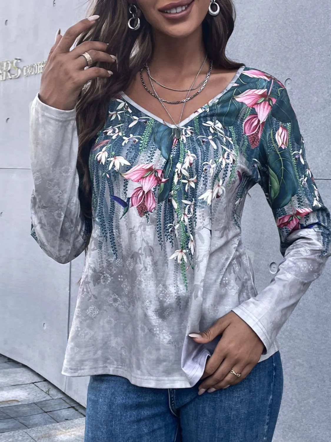 Floral V-Neck Long Sleeve Tee