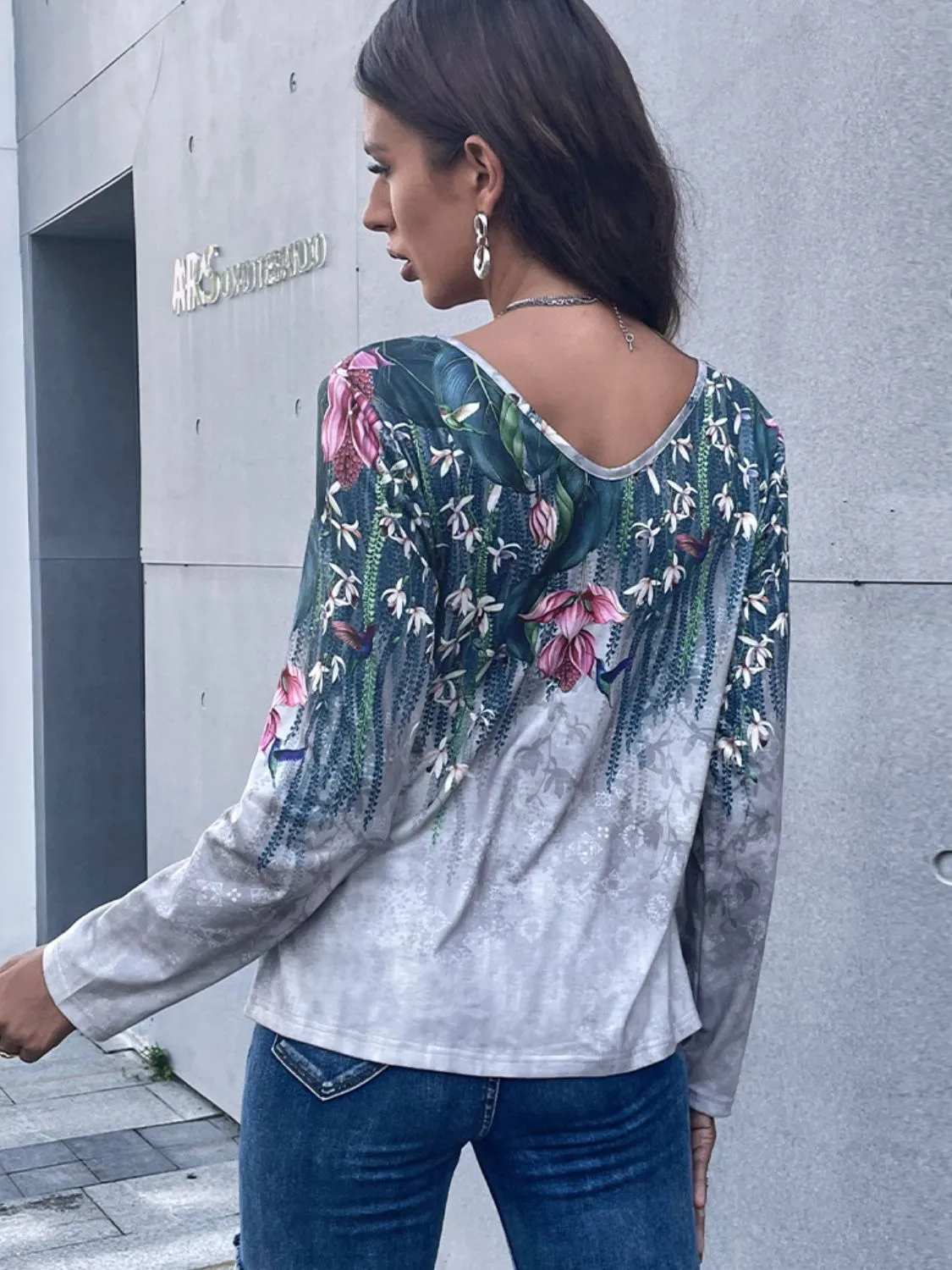 Floral V-Neck Long Sleeve Tee