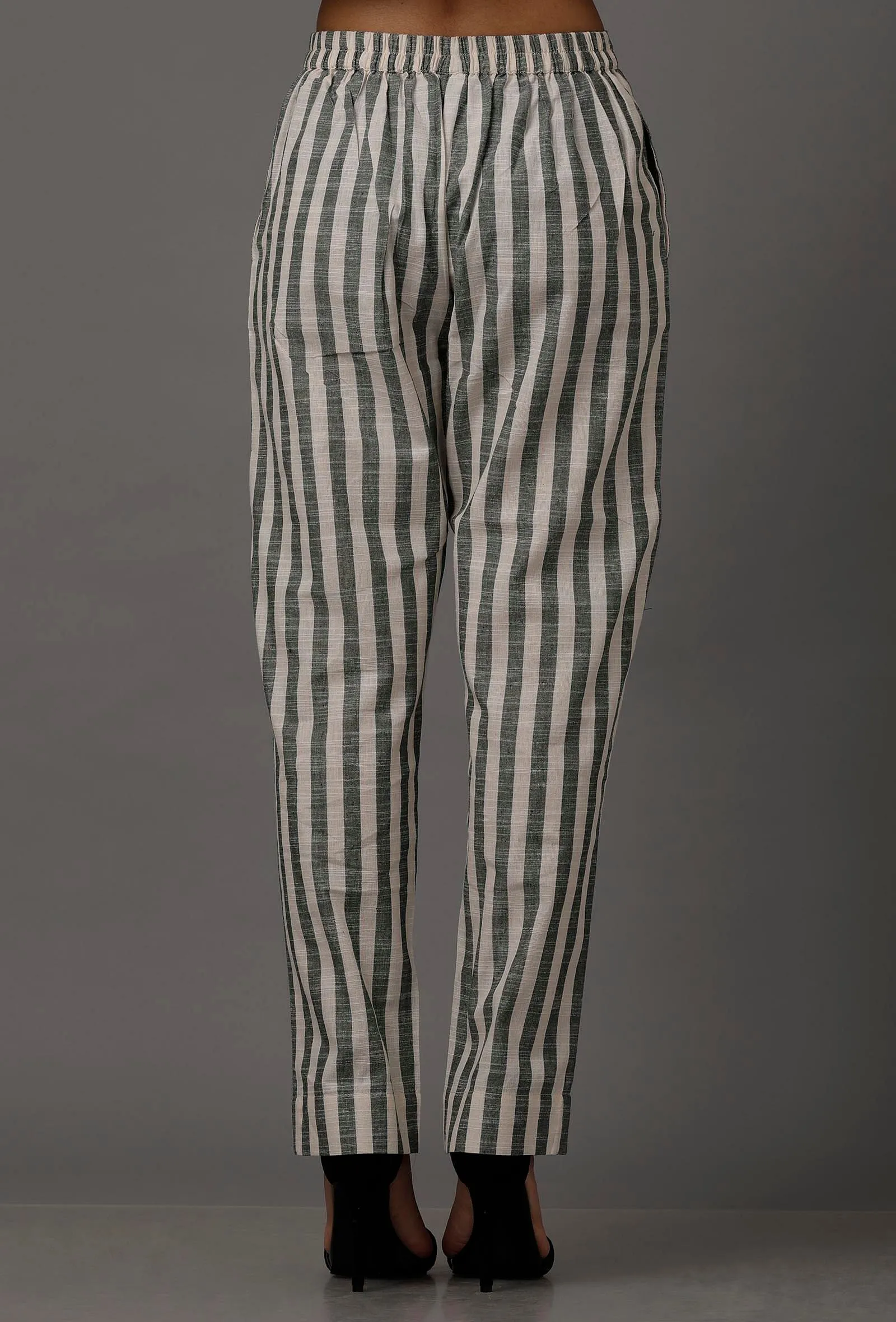 Green and White Stripes Pure Woven Cotton Pants