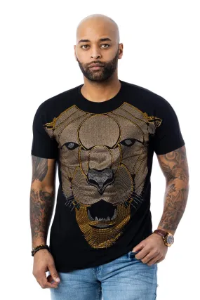 Heads or Tails Men's Cougar Face Saber Tooth Tiger Rhinestone Studded Graphic Printed Short Sleeve T-Shirt