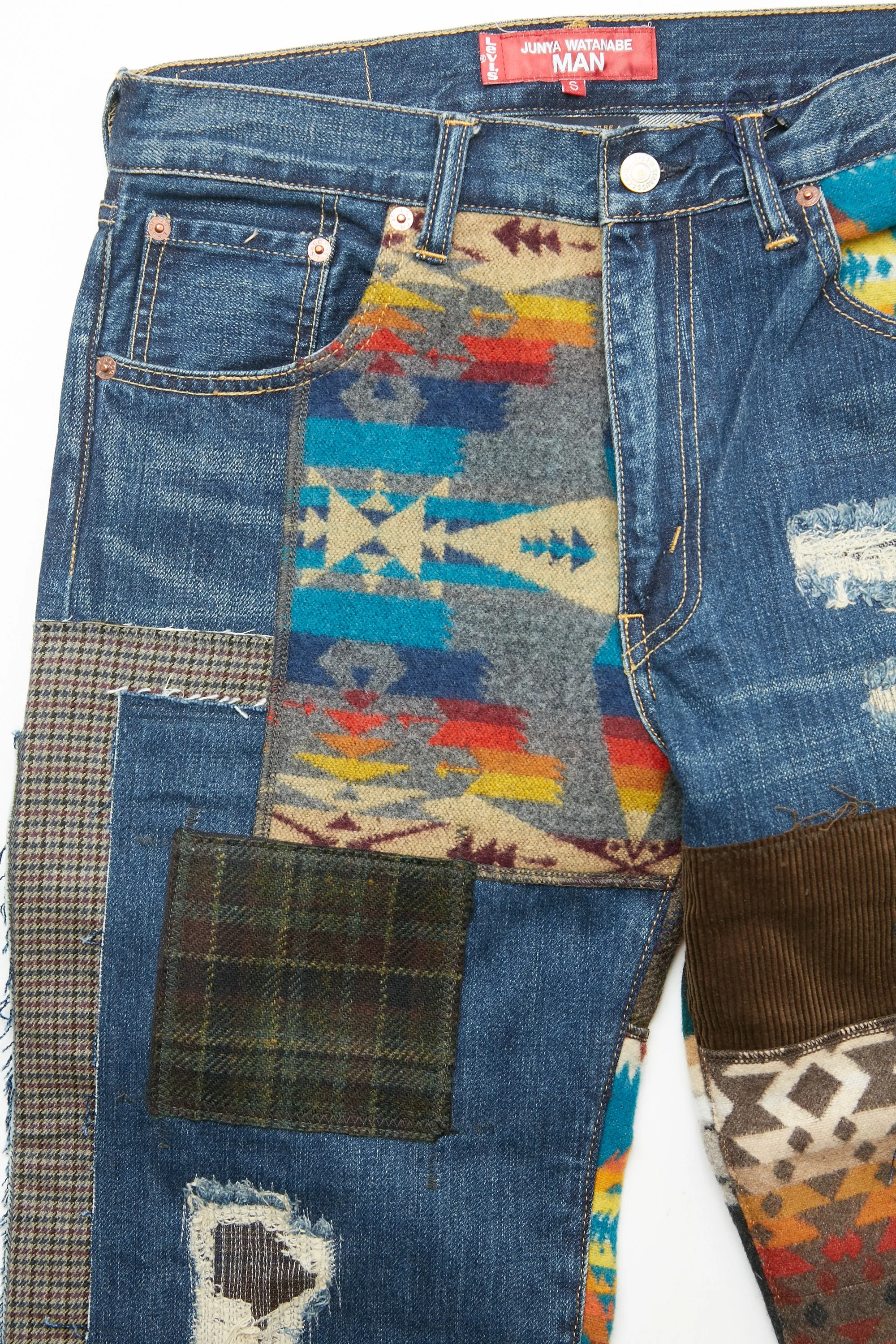 JUNYA WATANABE MAN cotton denim x multi fabrics mix Levi's, PENDLETON triple Pants - Indigo X MIX