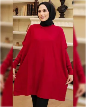 Layla Woolen - Knee Length Tunic in Red Shade سترة ليلى الطويلة من قماش الصوف الناعم  باللون الأحمر الجميل