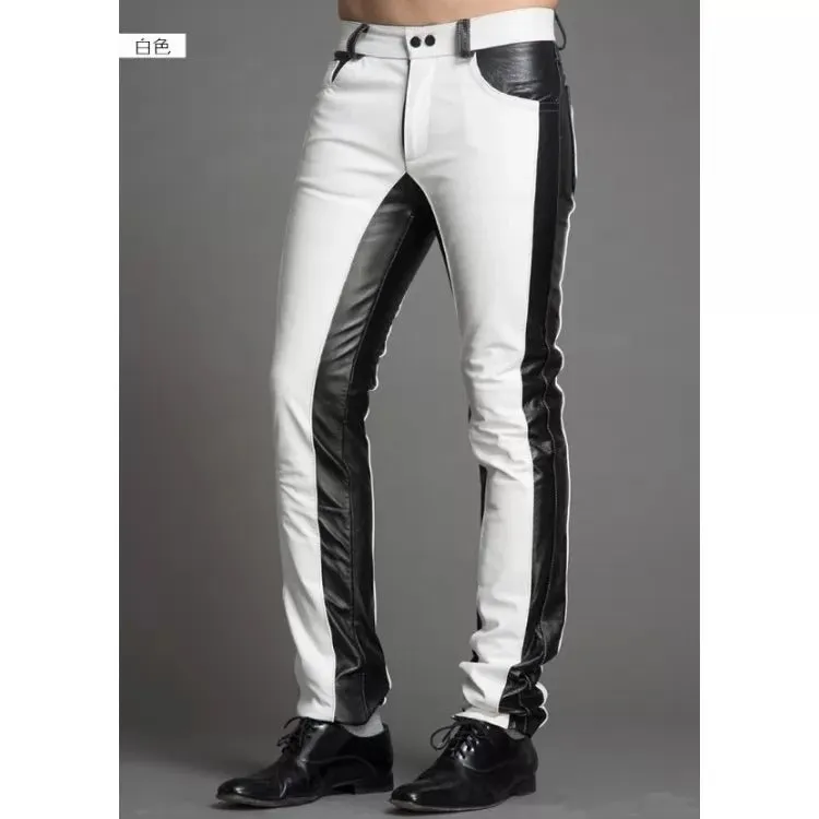 Men Fashion Contrast Color Genuine Black and White Leather Pants