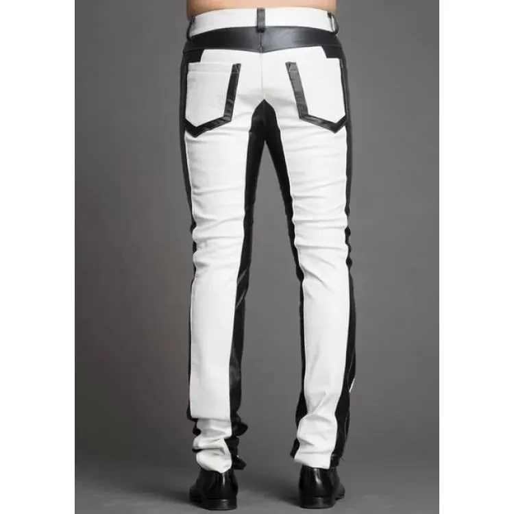 Men Fashion Contrast Color Genuine Black and White Leather Pants