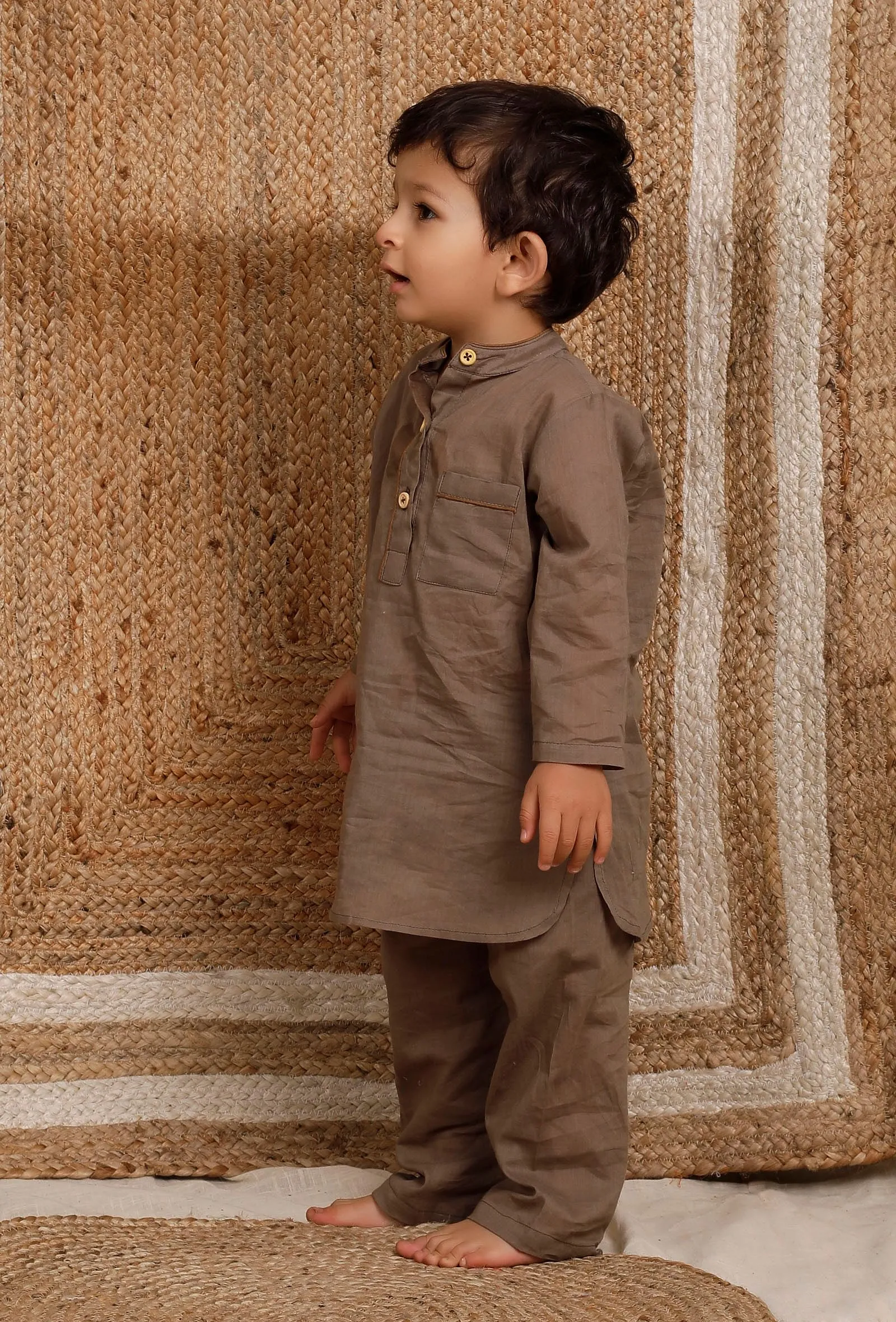 Set Of 2: Brown Mul Mul Kurta With Brown Pant